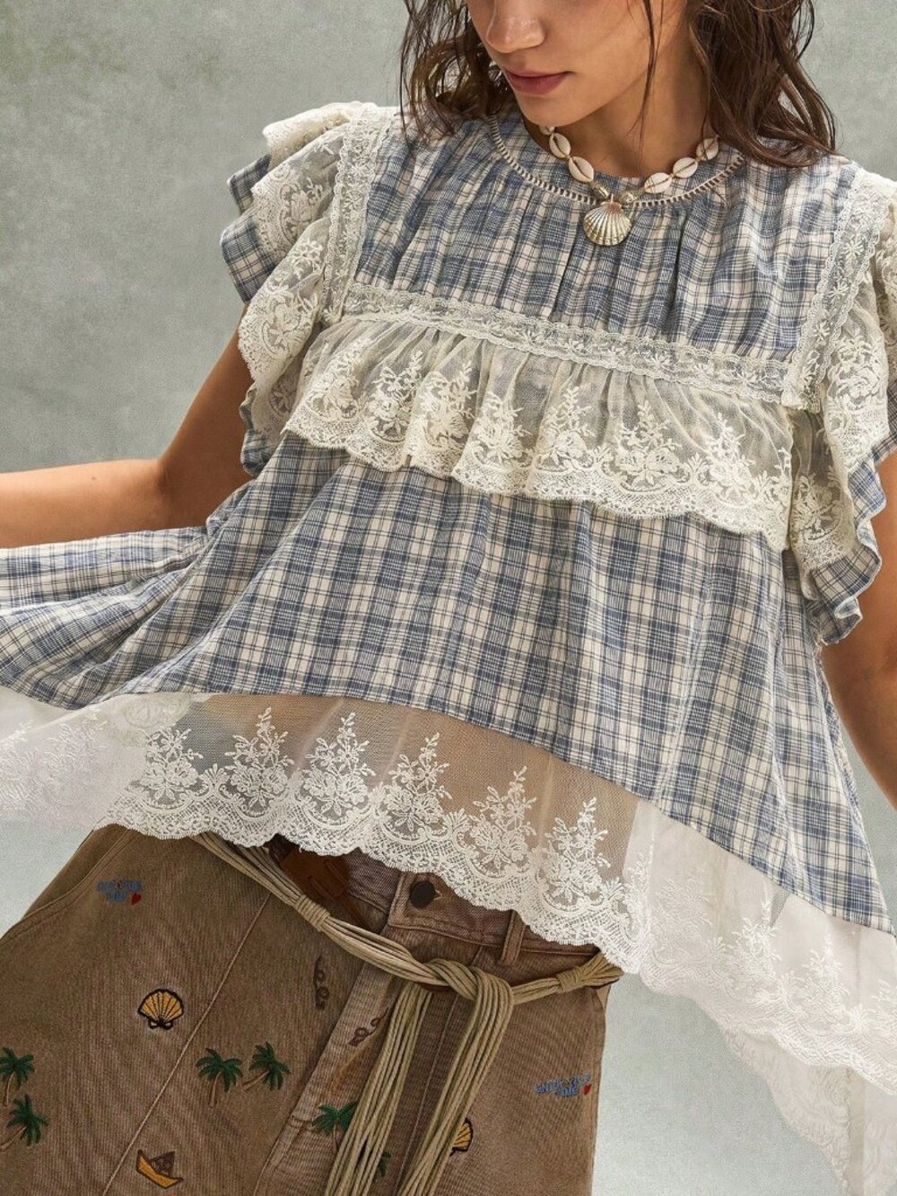 Blue And White Cute Women's Casual Woven Plaid Contrast Lace Loose Blouse - Picture 5 of 9
